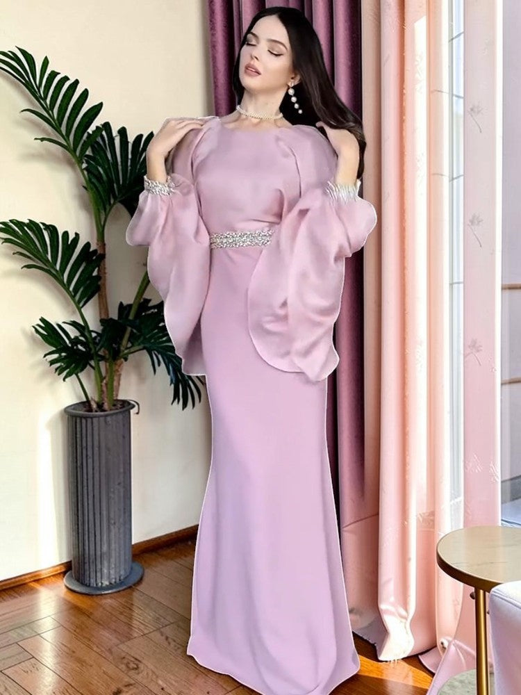 Elegant Dusty Pink Evening Gown with Cape Sleeves SL204