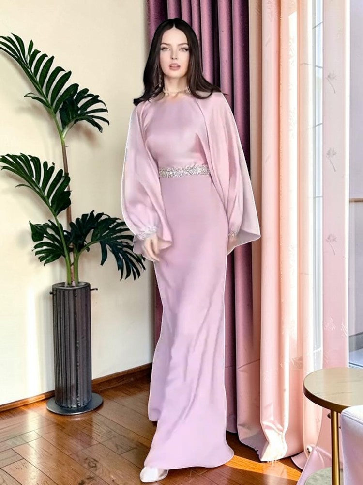 Elegant Dusty Pink Evening Gown with Cape Sleeves SL204