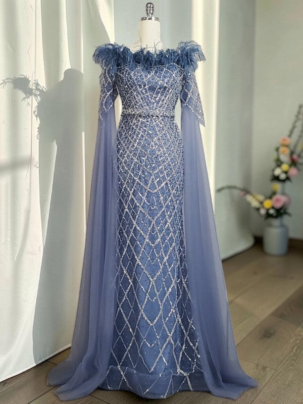 Elegant Steel Blue Off-Shoulder Dress with Crystal Beading and Long Cape SL189