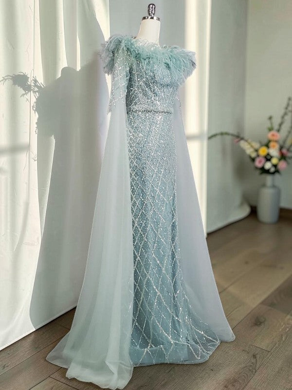Elegant Steel Blue Off-Shoulder Dress with Crystal Beading and Long Cape SL189