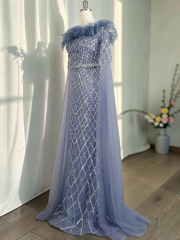 Elegant Steel Blue Off-Shoulder Dress with Crystal Beading and Long Cape SL189