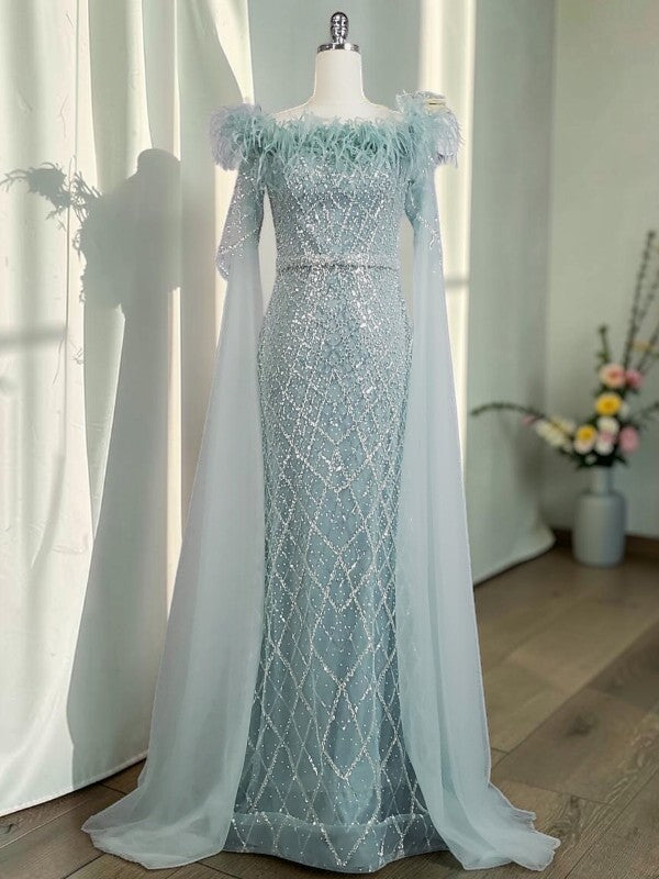 Elegant Steel Blue Off-Shoulder Dress with Crystal Beading and Long Cape SL189