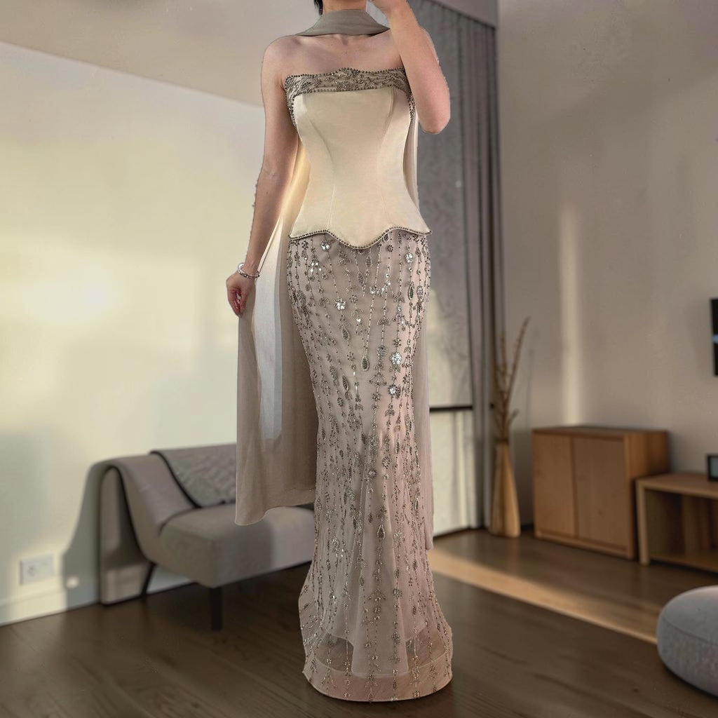Elegant Strapless Satin Beaded Mermaid Evening Gown with Matching Scarf SL173
