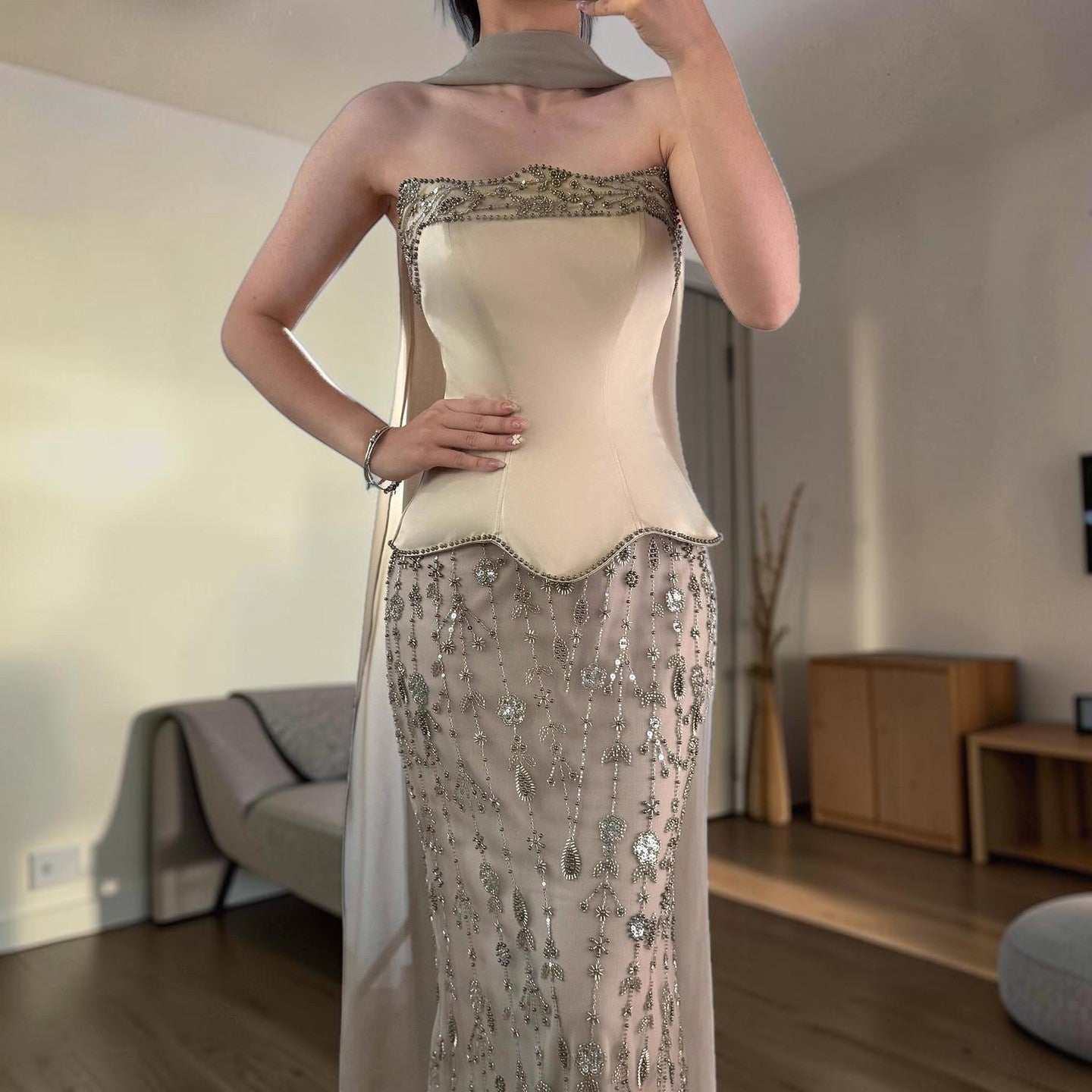 Elegant Strapless Satin Beaded Mermaid Evening Gown with Matching Scarf SL173