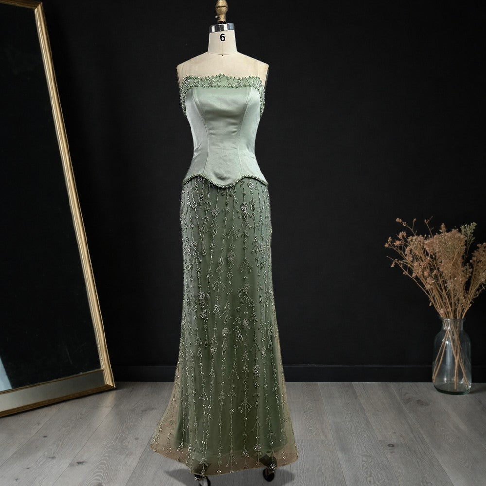 Elegant Strapless Satin Beaded Mermaid Evening Gown with Matching Scarf SL173