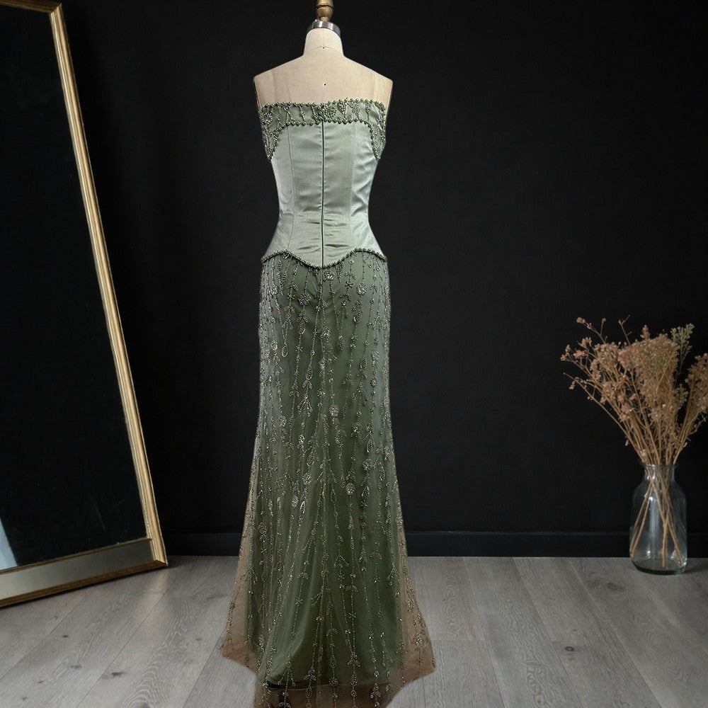 Elegant Strapless Satin Beaded Mermaid Evening Gown with Matching Scarf SL173
