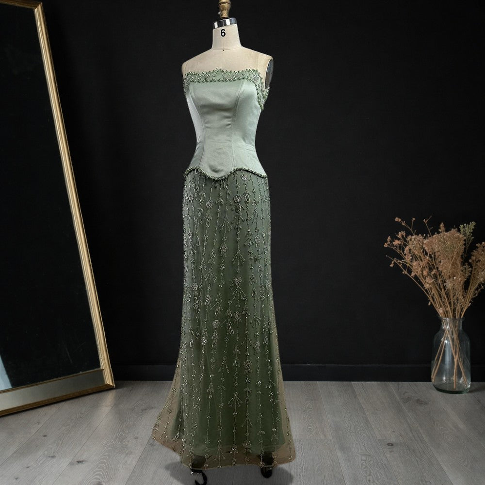 Elegant Strapless Satin Beaded Mermaid Evening Gown with Matching Scarf SL173