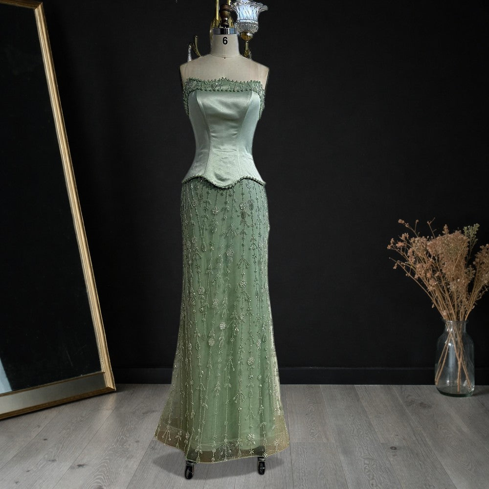 Elegant Strapless Satin Beaded Mermaid Evening Gown with Matching Scarf SL173