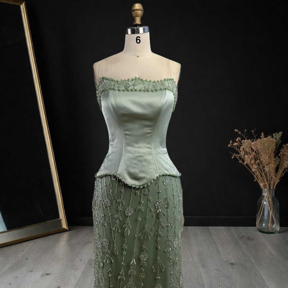 Elegant Strapless Satin Beaded Mermaid Evening Gown with Matching Scarf SL173