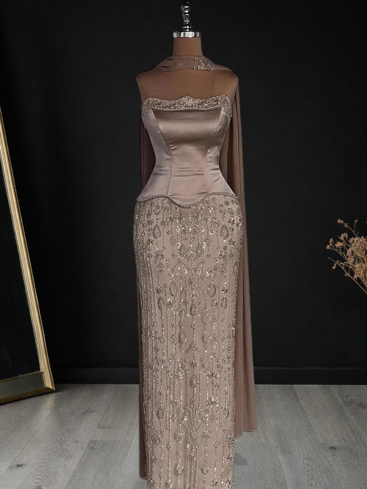 Elegant Strapless Satin Beaded Mermaid Evening Gown with Matching Scarf SL173
