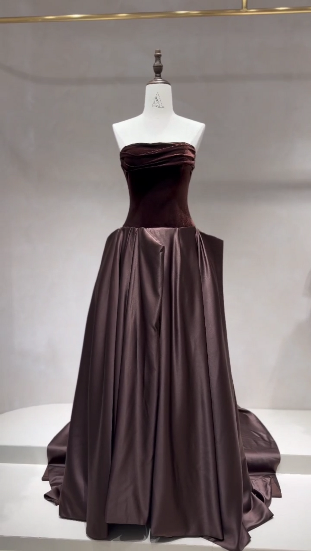 Elegant Strapless Velvet Chocolate Brown Satin A-Line Evening Gown SL224