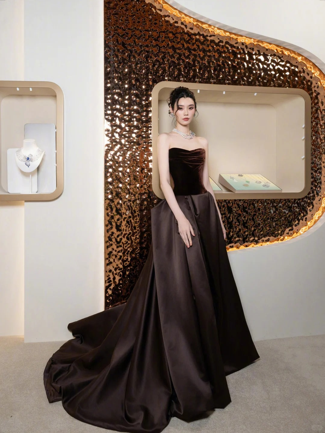Elegant Strapless Velvet Chocolate Brown Satin A-Line Evening Gown SL224