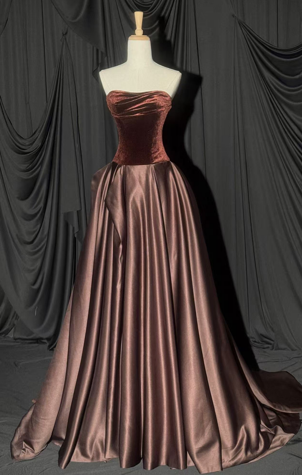 Elegant Strapless Velvet Chocolate Brown Satin A-Line Evening Gown SL224