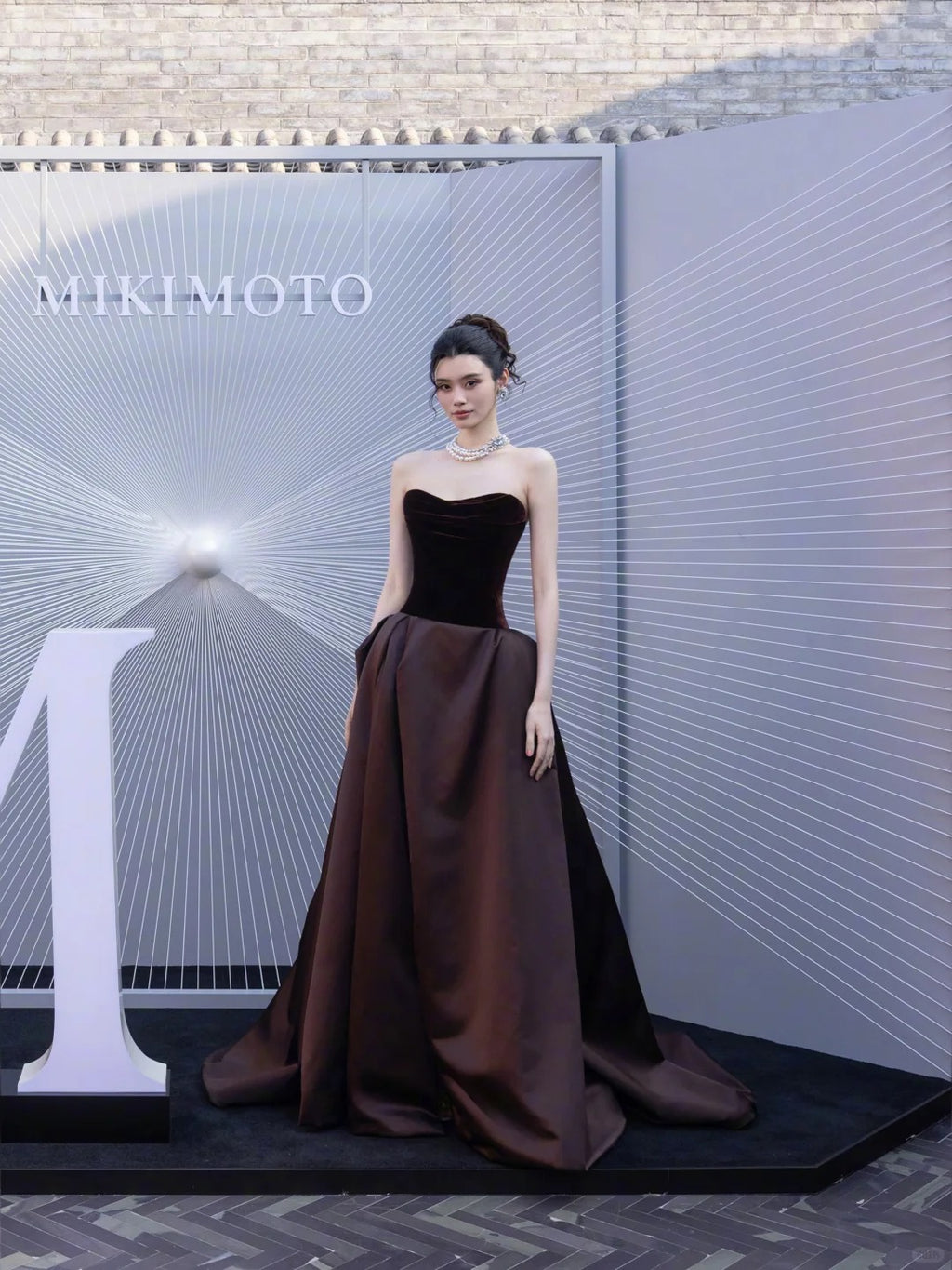 Elegant Strapless Velvet Chocolate Brown Satin A-Line Evening Gown SL224