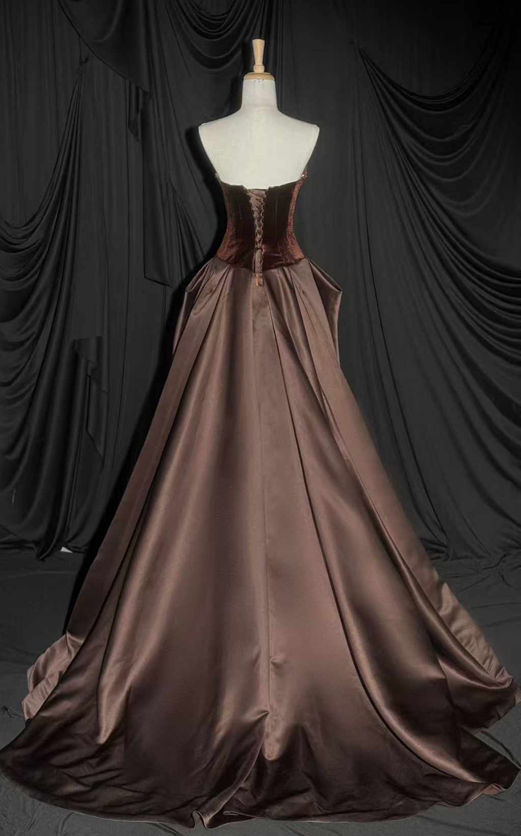 Elegant Strapless Velvet Chocolate Brown Satin A-Line Evening Gown SL224