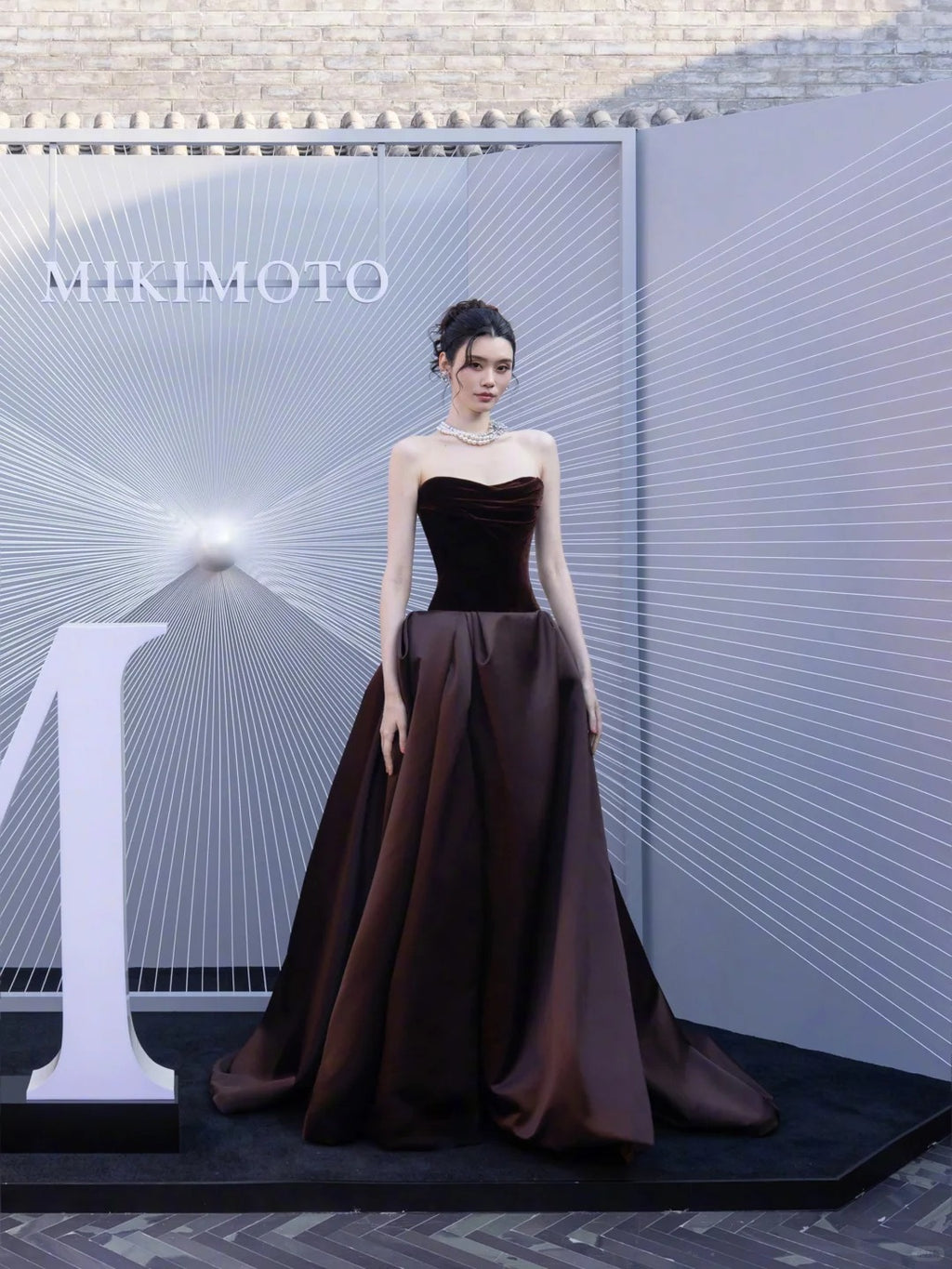 Elegant Strapless Velvet Chocolate Brown Satin A-Line Evening Gown SL224