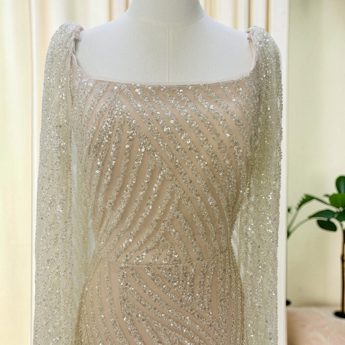 Elegant Champagne Glitter Formal Dress with Dramatic Sleeves SL206
