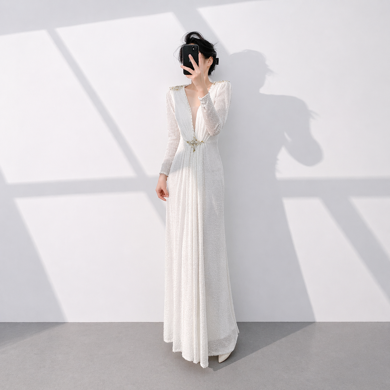 Elegant White Long Sleeve Sequin Evening Dress with Deep V Neck Floor Length Formal Gown SL510