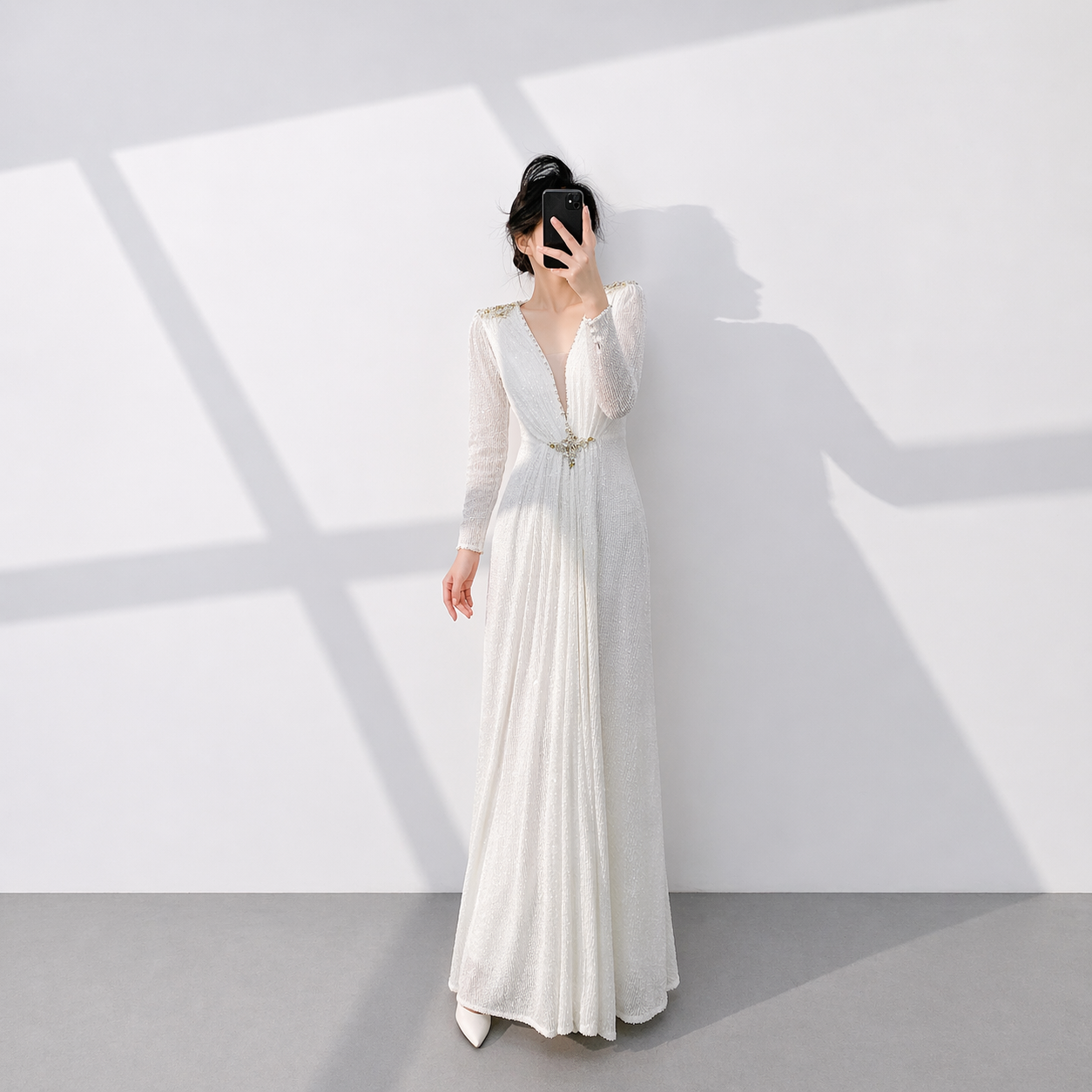 Elegant White Long Sleeve Sequin Evening Dress with Deep V Neck Floor Length Formal Gown SL510