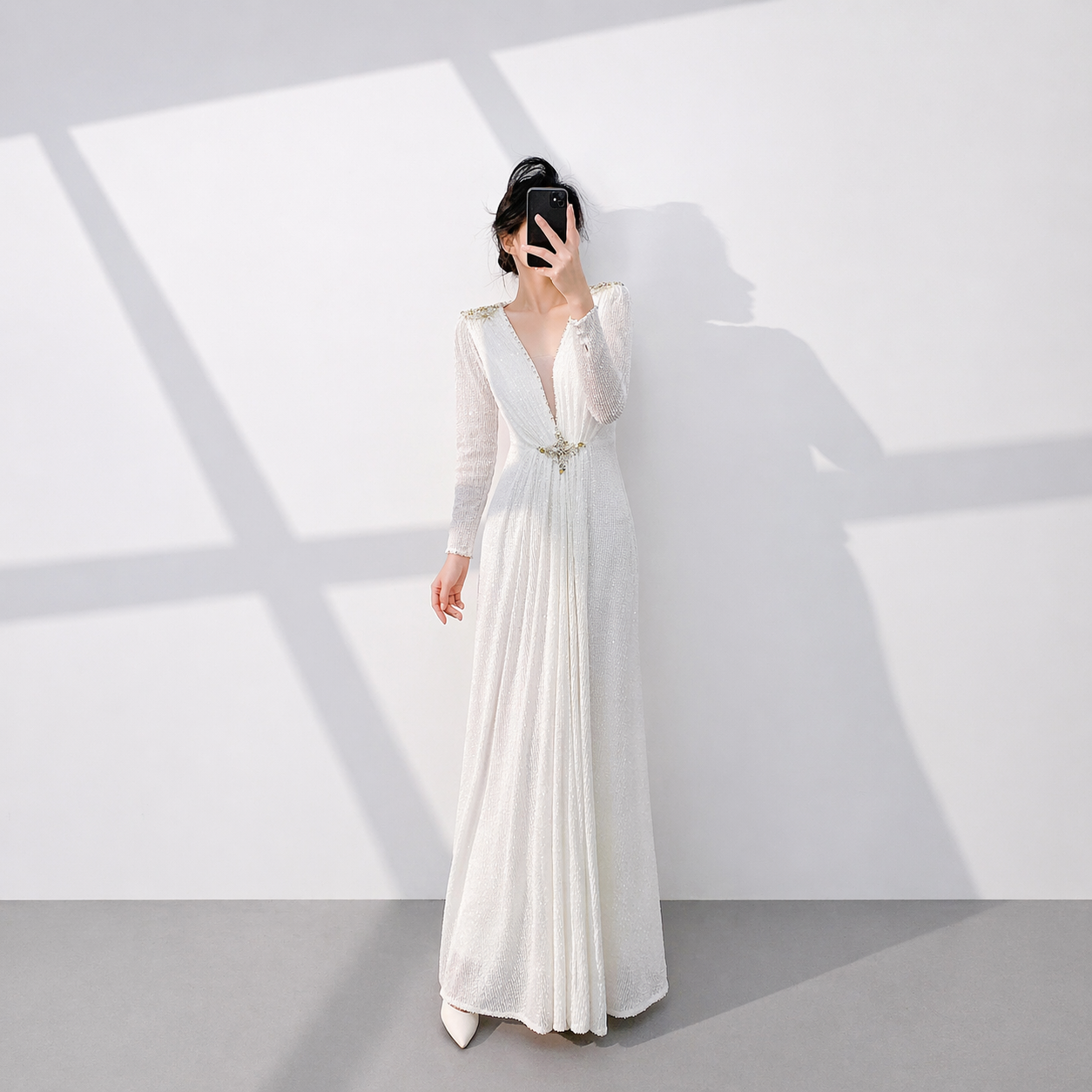 Elegant White Long Sleeve Sequin Evening Dress with Deep V Neck Floor Length Formal Gown SL510