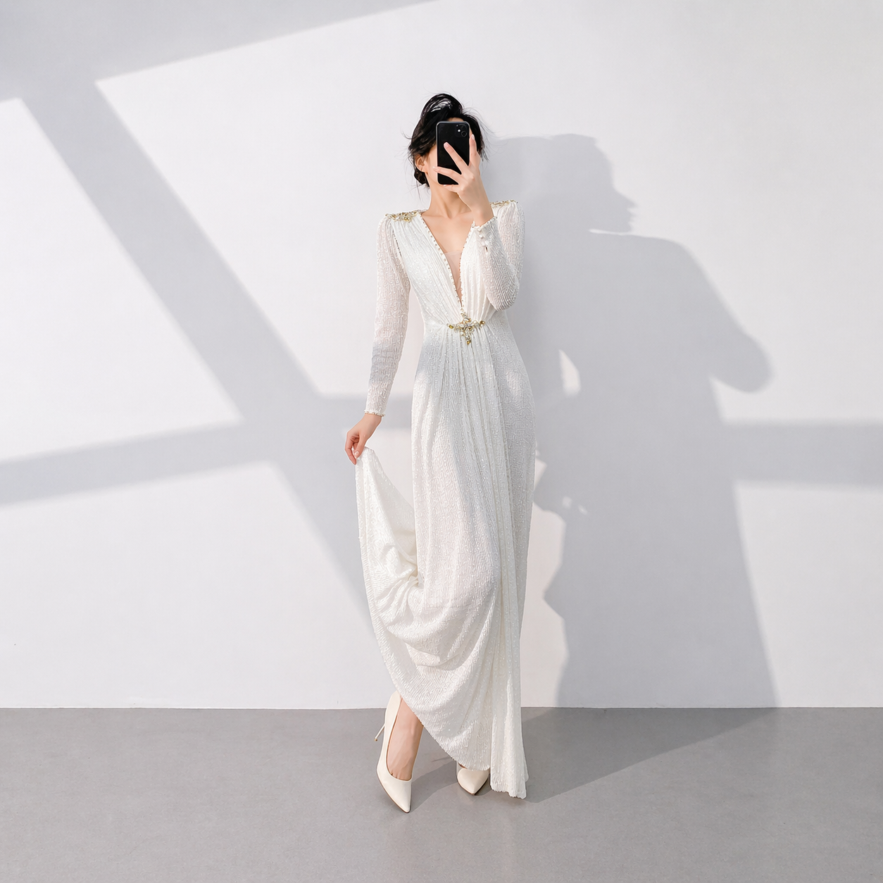 Elegant White Long Sleeve Sequin Evening Dress with Deep V Neck Floor Length Formal Gown SL510