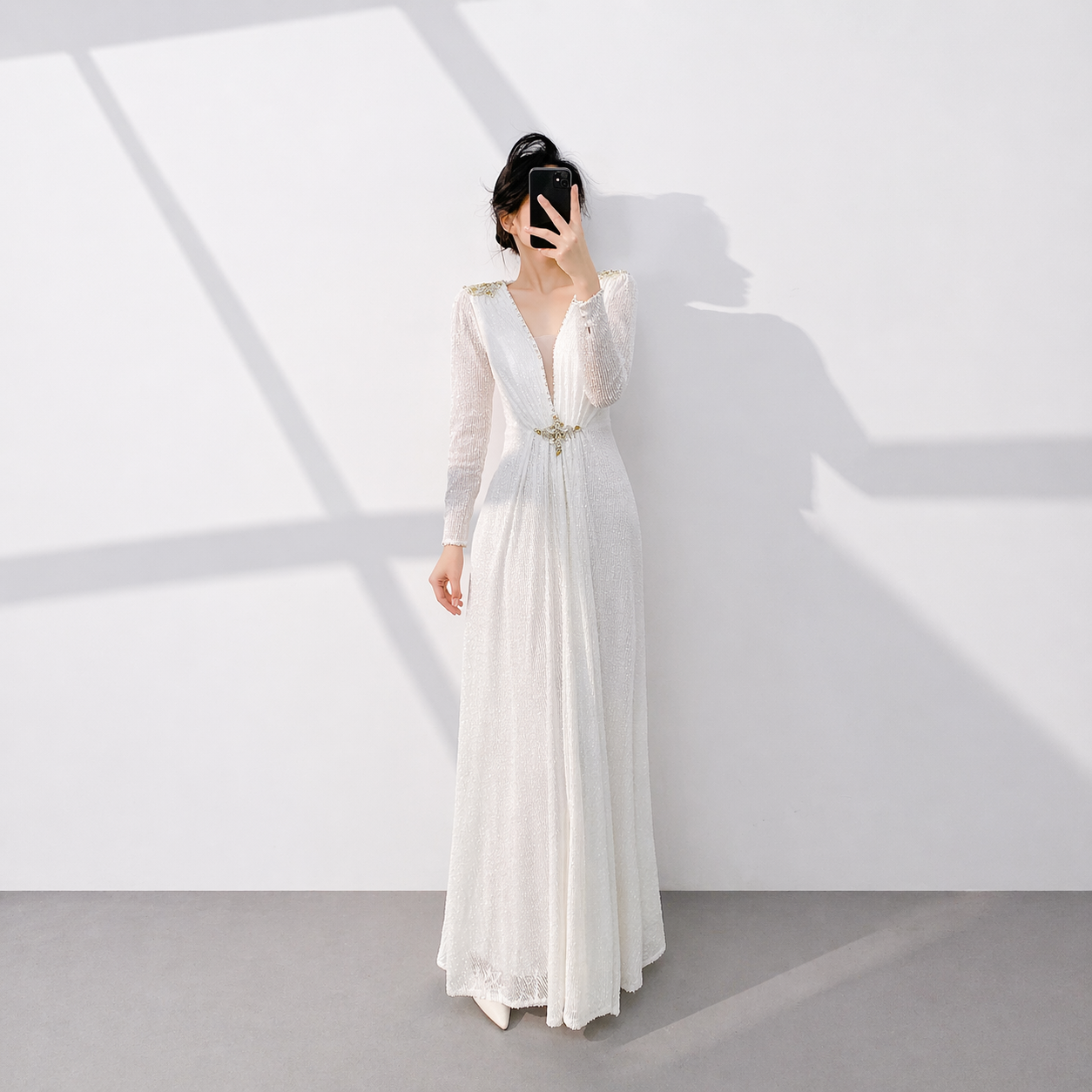 Elegant White Long Sleeve Sequin Evening Dress with Deep V Neck Floor Length Formal Gown SL510