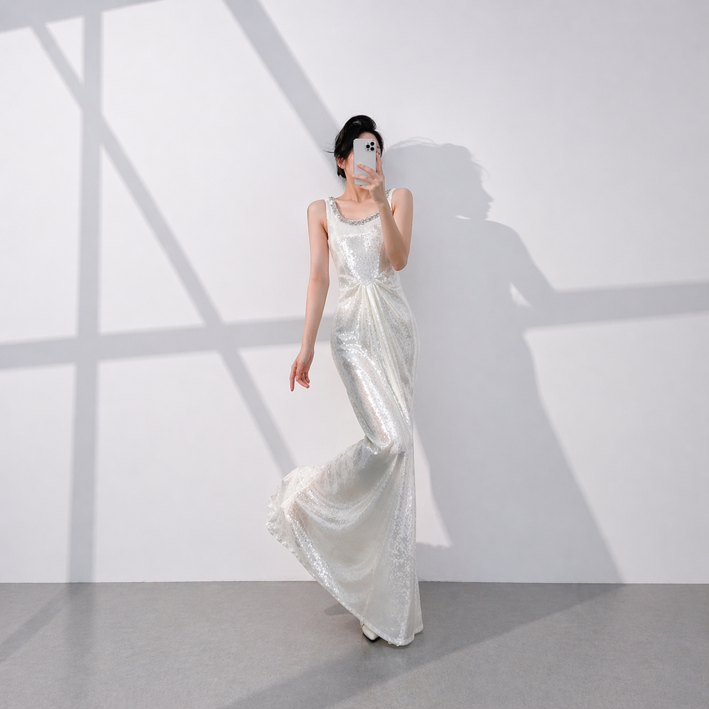 Elegant White Sequin Evening Dress with Sleeveless Scoop Neck SL513