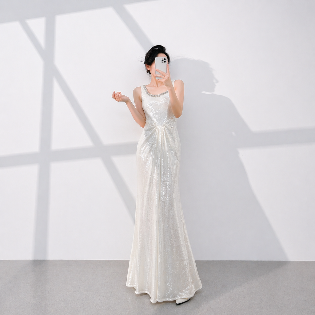 Elegant White Sequin Evening Dress with Sleeveless Scoop Neck SL513