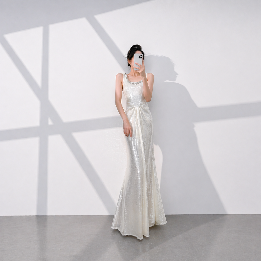 Elegant White Sequin Evening Dress with Sleeveless Scoop Neck SL513