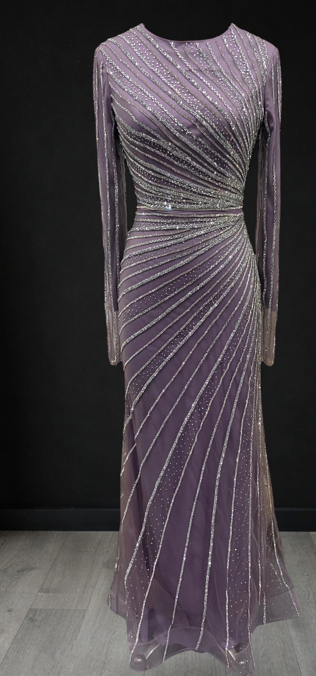 Elegent Blue Beaded Long Sleeve Evening Gown with Draped Waist SL187