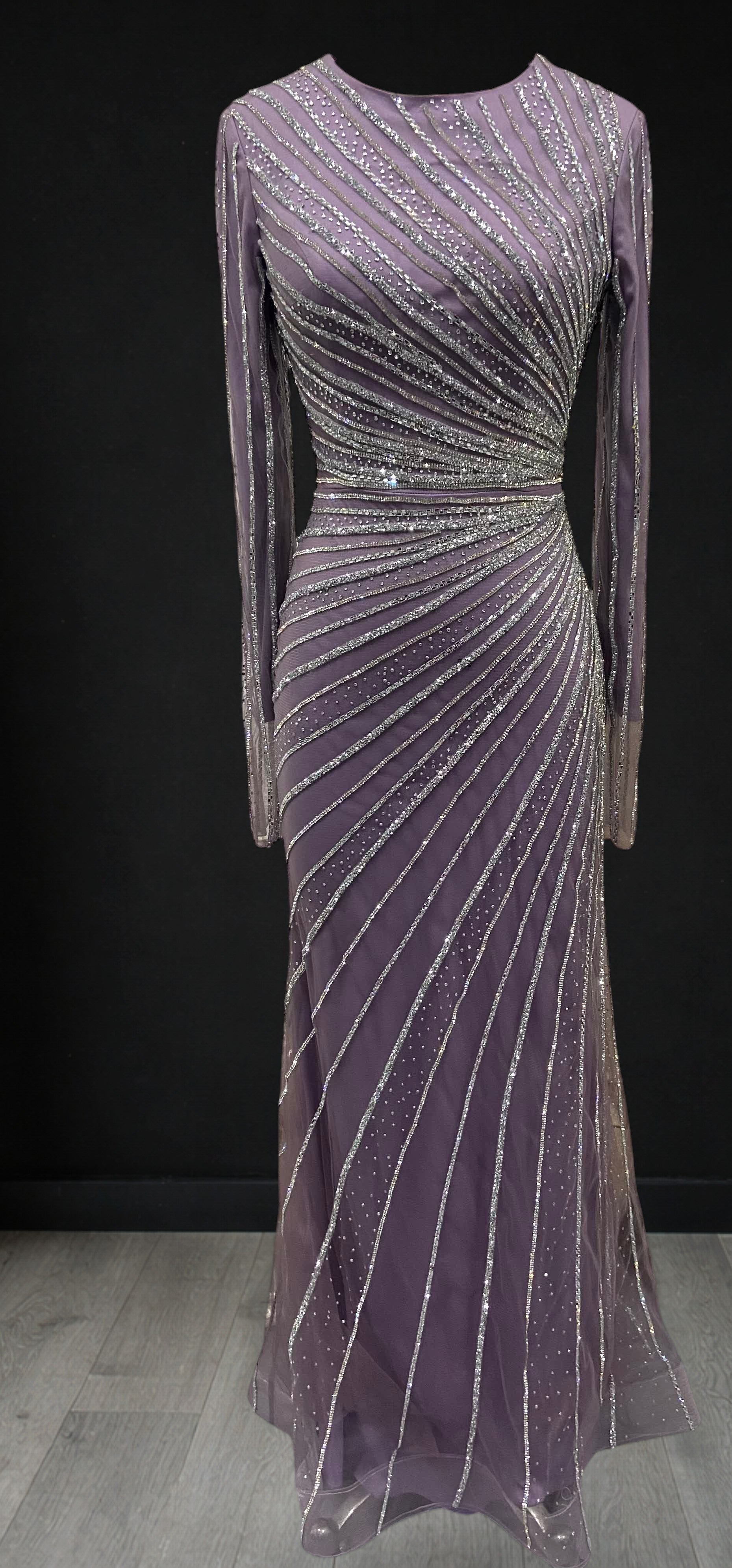 Elegent Blue Beaded Long Sleeve Evening Gown with Draped Waist SL187