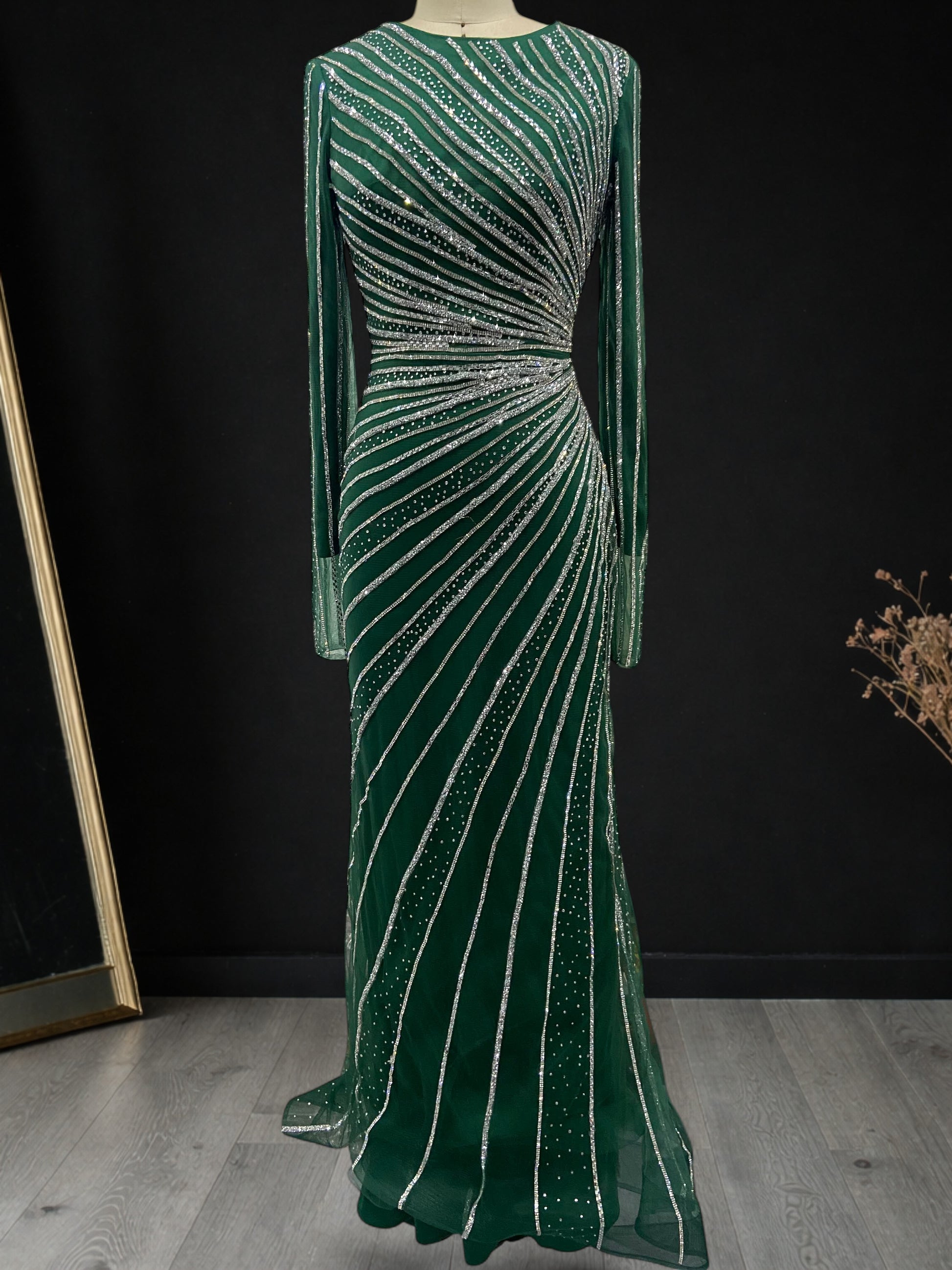Elegent Blue Beaded Long Sleeve Evening Gown with Draped Waist SL187