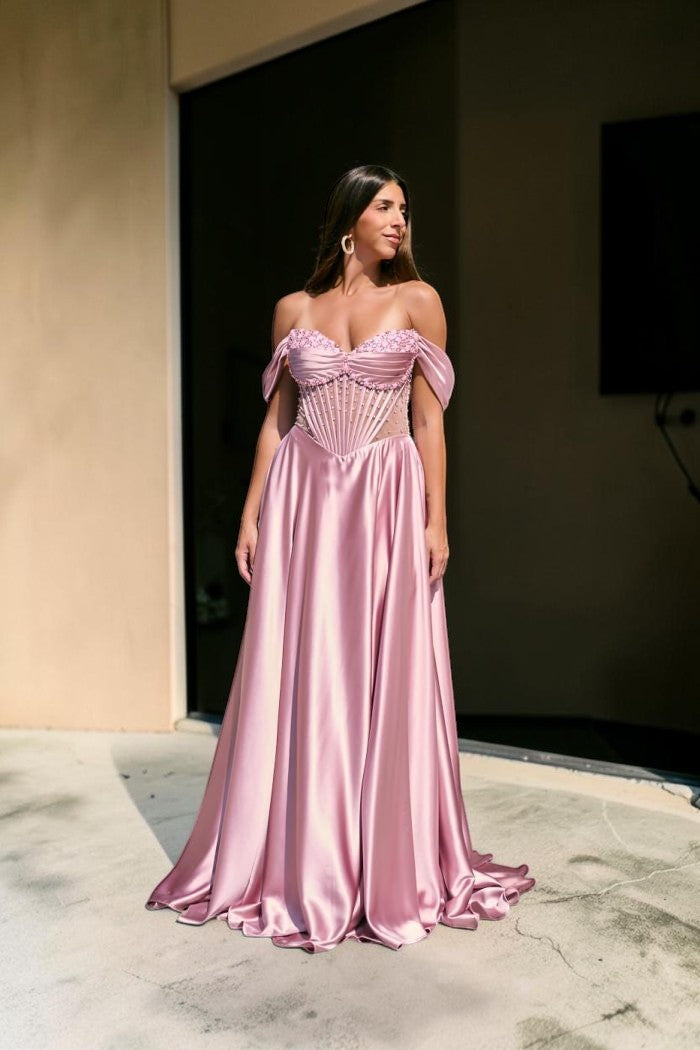 Elegent Pink Satin Off-Shoulder Corset Evening Gown SL180