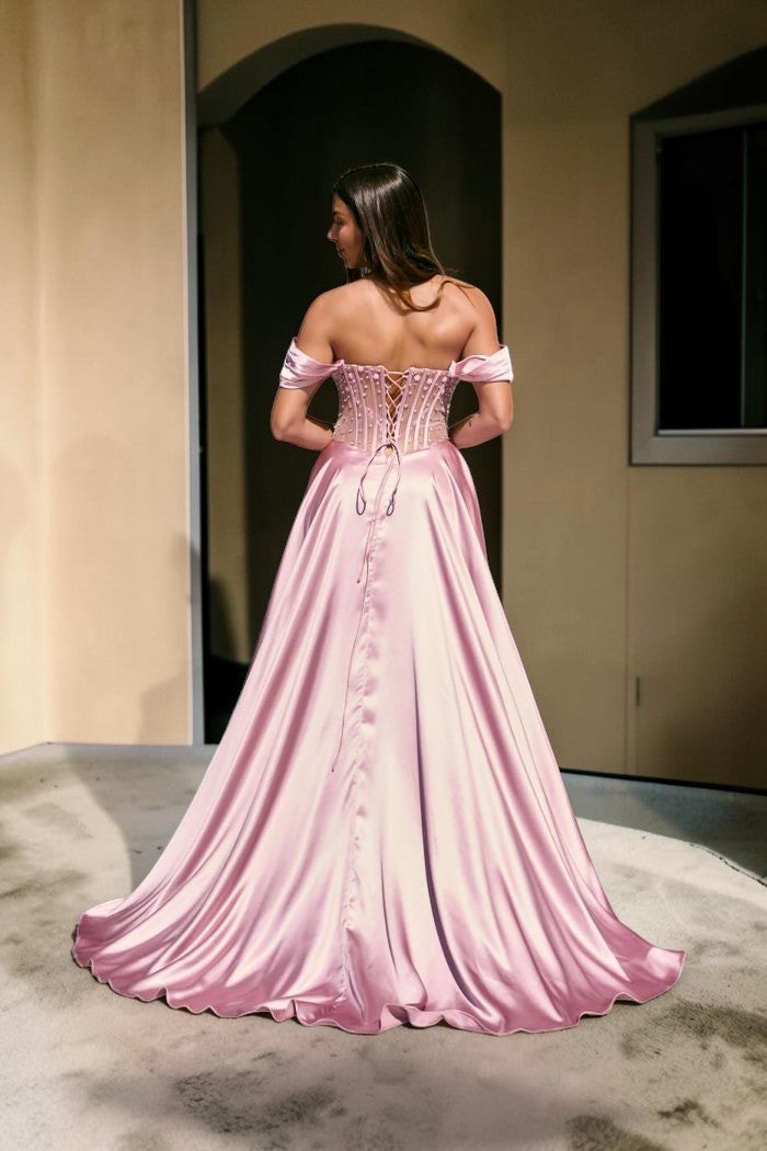 Elegent Pink Satin Off-Shoulder Corset Evening Gown SL180