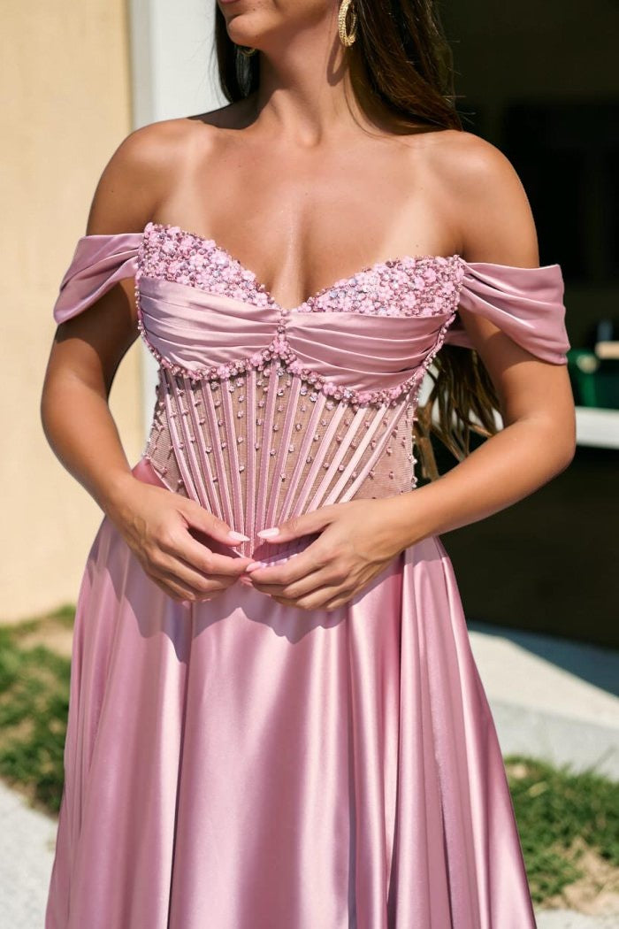 Elegent Pink Satin Off-Shoulder Corset Evening Gown SL180