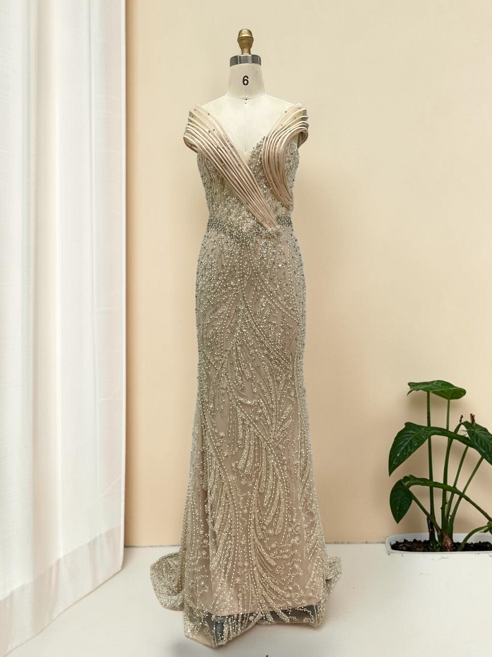 Elegent Royal Blue Beaded Evening Gown with Draped Neckline SL196