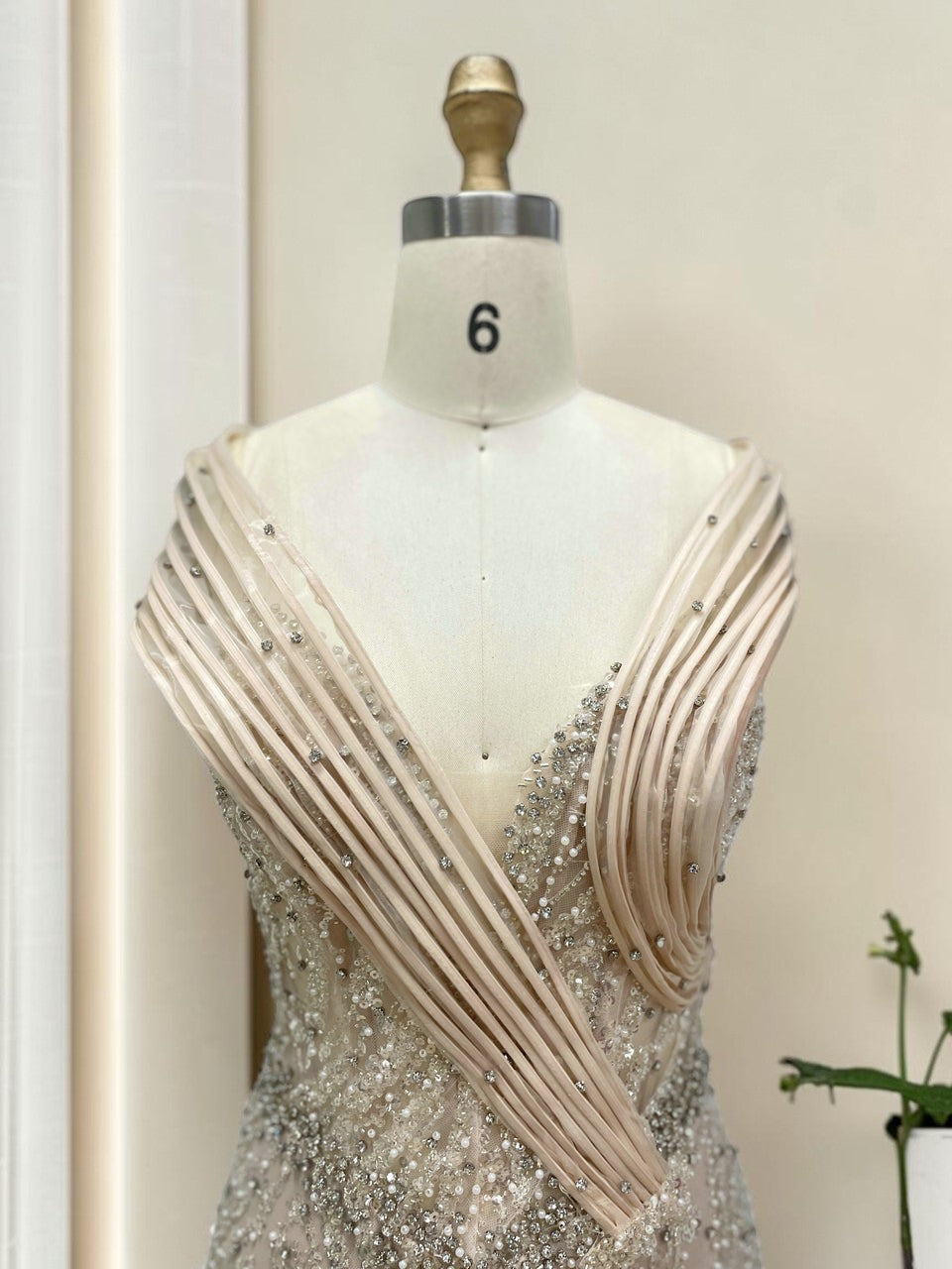 Elegent Royal Blue Beaded Evening Gown with Draped Neckline SL196