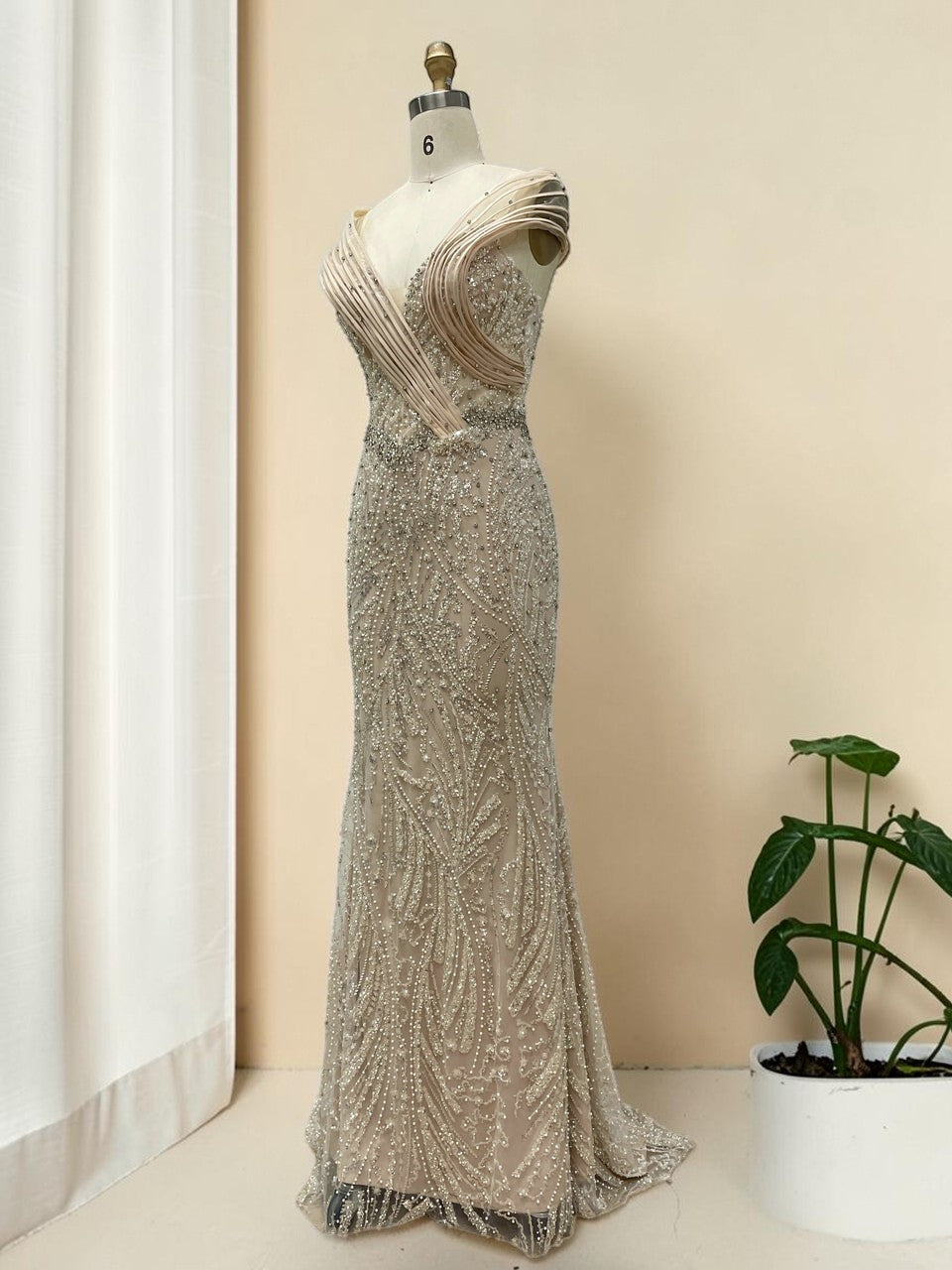 Elegent Royal Blue Beaded Evening Gown with Draped Neckline SL196