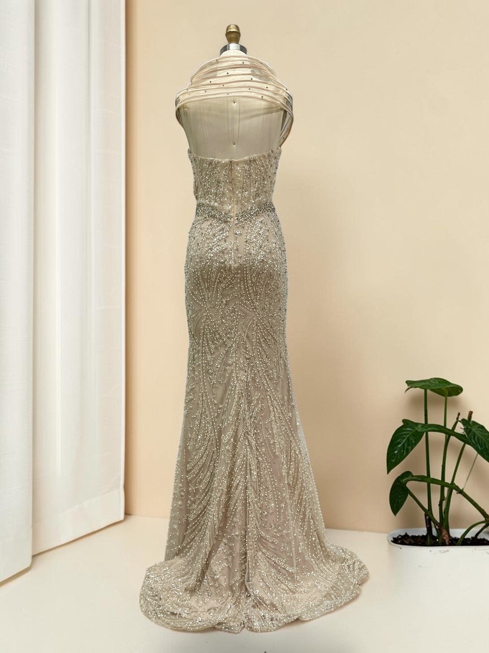 Elegent Royal Blue Beaded Evening Gown with Draped Neckline SL196