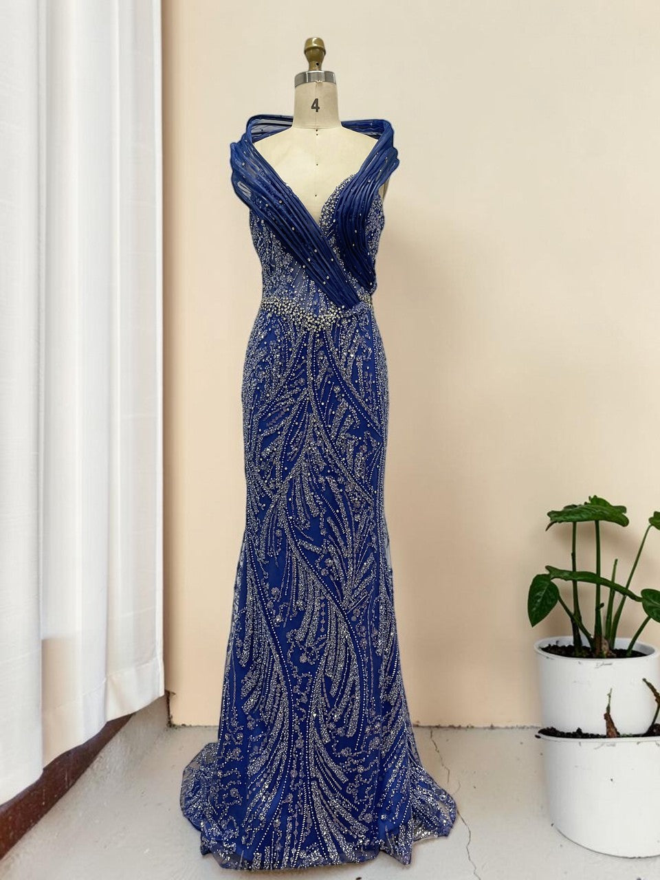 Elegent Royal Blue Beaded Evening Gown with Draped Neckline SL196