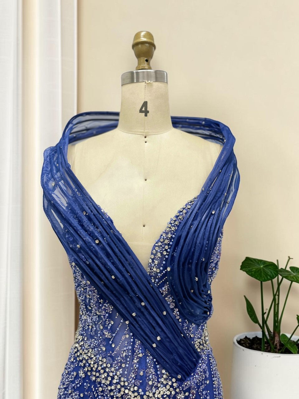 Elegent Royal Blue Beaded Evening Gown with Draped Neckline SL196