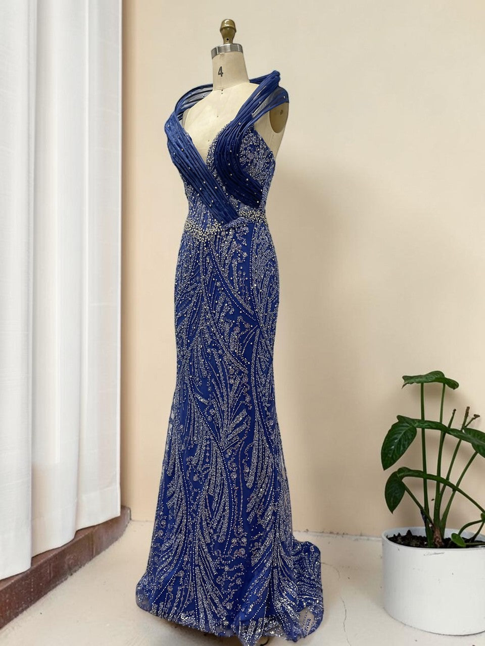 Elegent Royal Blue Beaded Evening Gown with Draped Neckline SL196