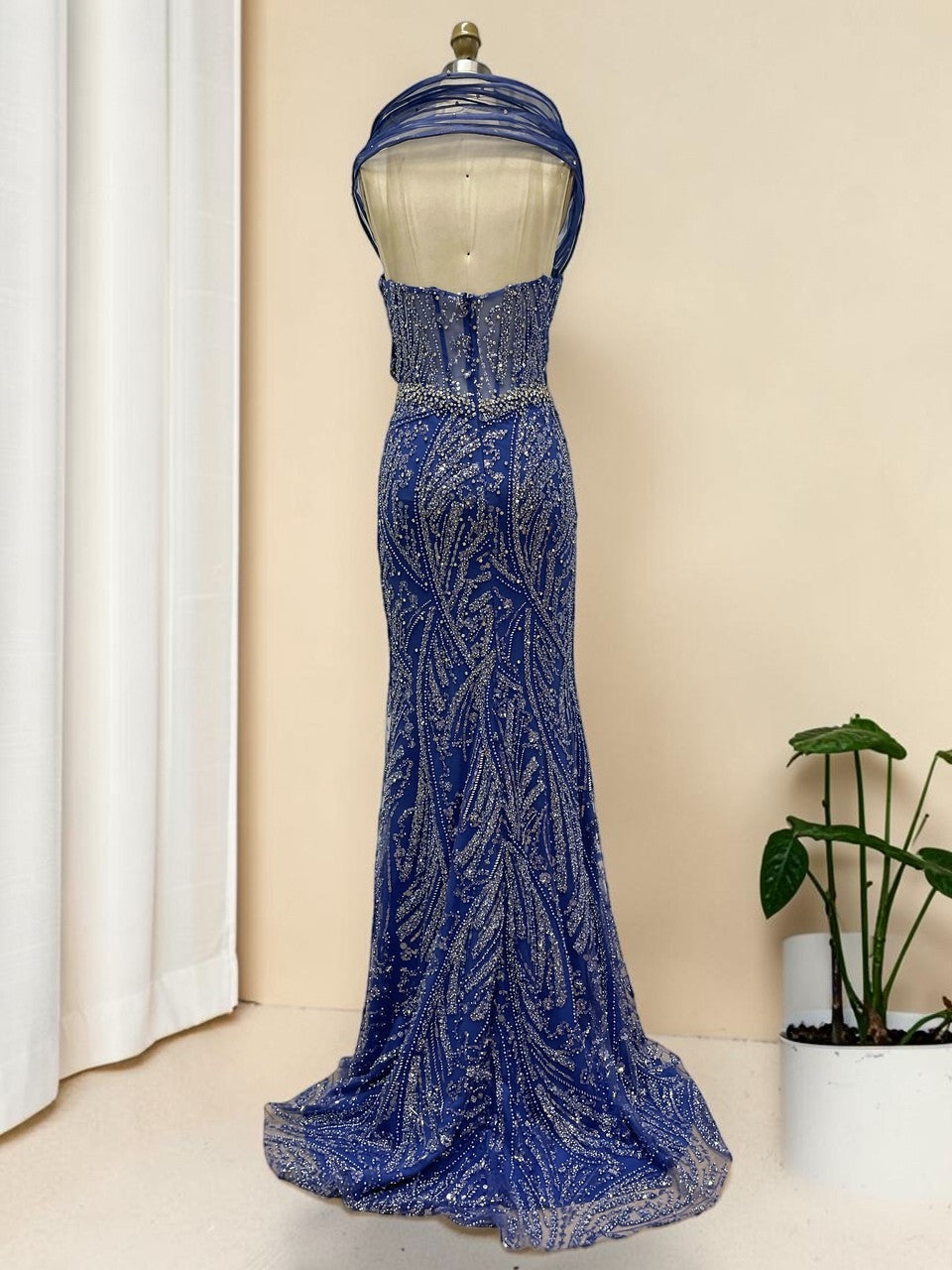 Elegent Royal Blue Beaded Evening Gown with Draped Neckline SL196