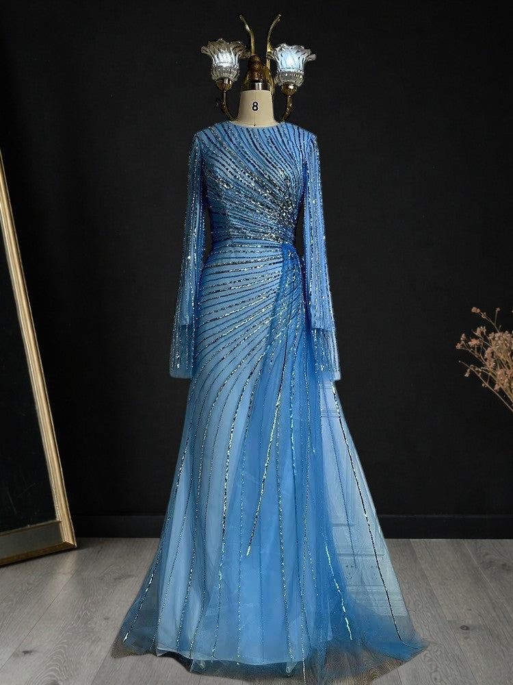 Elegent Blue Beaded Long Sleeve Evening Gown with Draped Waist SL187