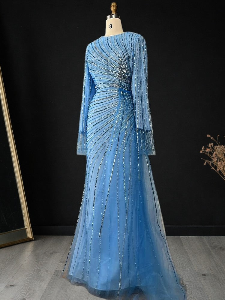 Elegent Blue Beaded Long Sleeve Evening Gown with Draped Waist SL187