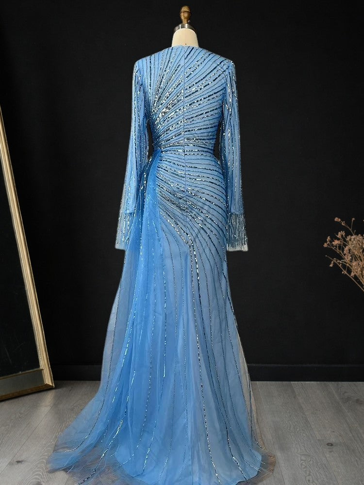 Elegent Blue Beaded Long Sleeve Evening Gown with Draped Waist SL187