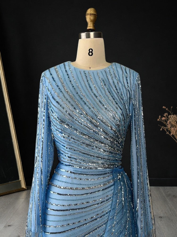 Elegent Blue Beaded Long Sleeve Evening Gown with Draped Waist SL187