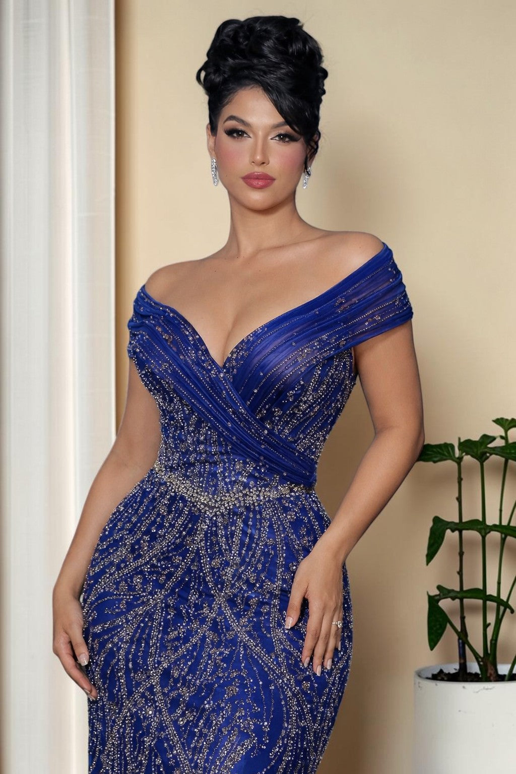 Elegent Royal Blue Beaded Evening Gown with Draped Neckline SL196