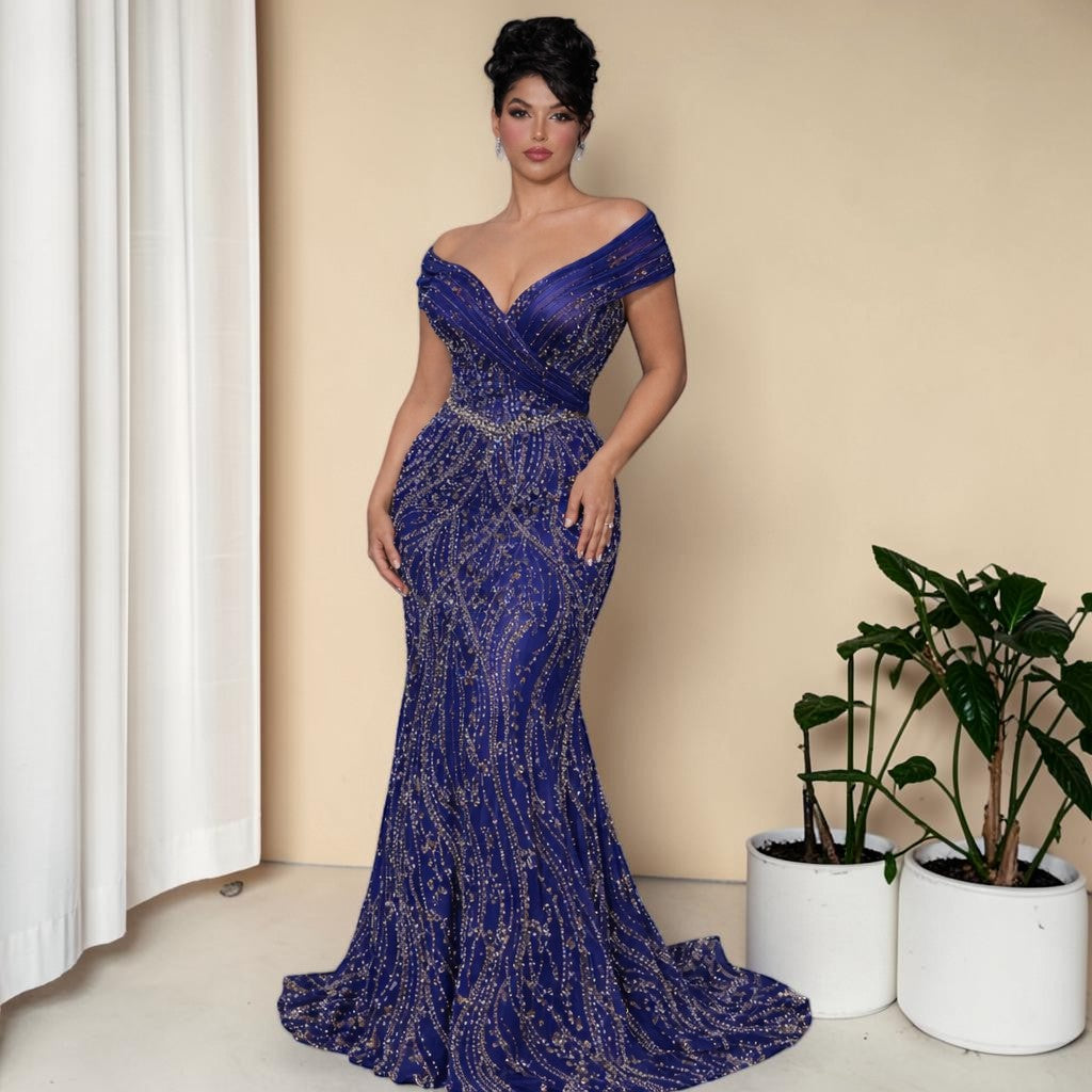 Elegent Royal Blue Beaded Evening Gown with Draped Neckline SL196