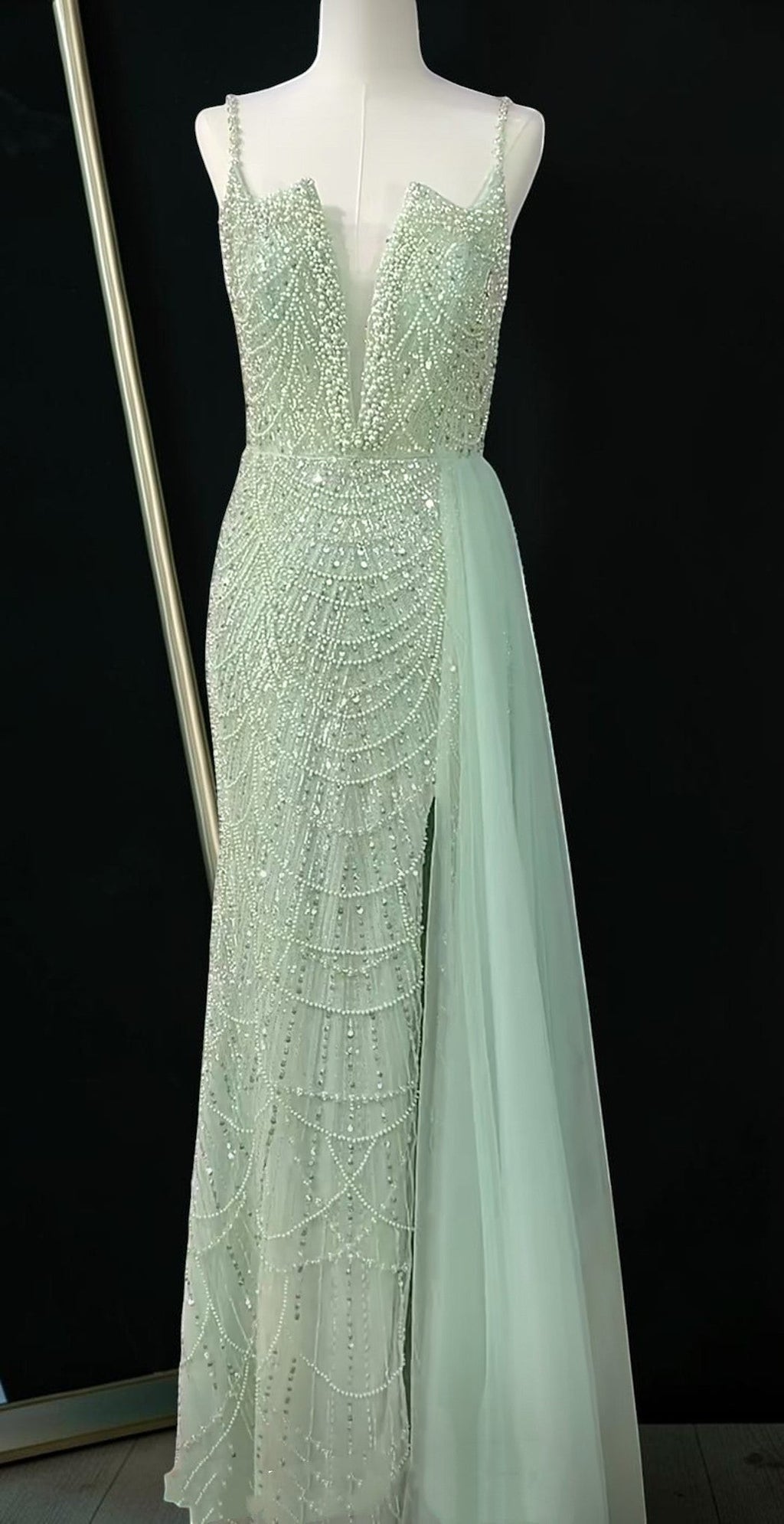 Glamorous Beaded Evening Dress with High Slit and Tulle Overlay SL192